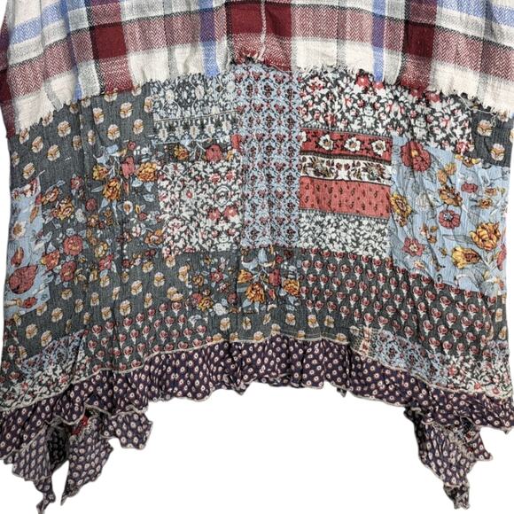 Ali Miles Patchwork Tunic Top 1X Mixed Media Floral Plaid Button Front Raw Hem - Picture 3 of 10